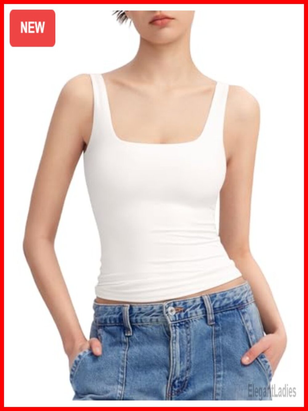 Square Neck Sleeveless Tank Top Double Lined Slim Fit Summer Basic